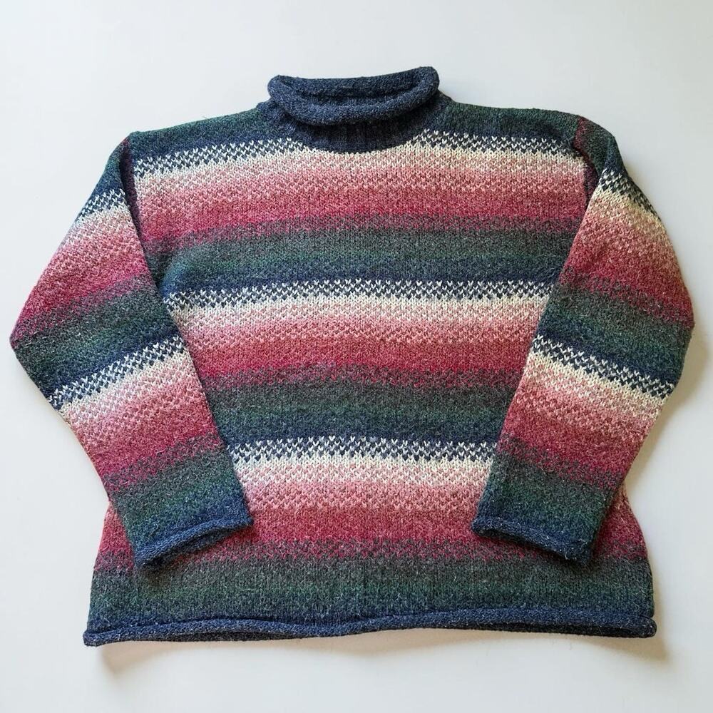 Vintage Weathervane Striped Colorful Turtleneck Sweater Wool Blend GrandpaCore M